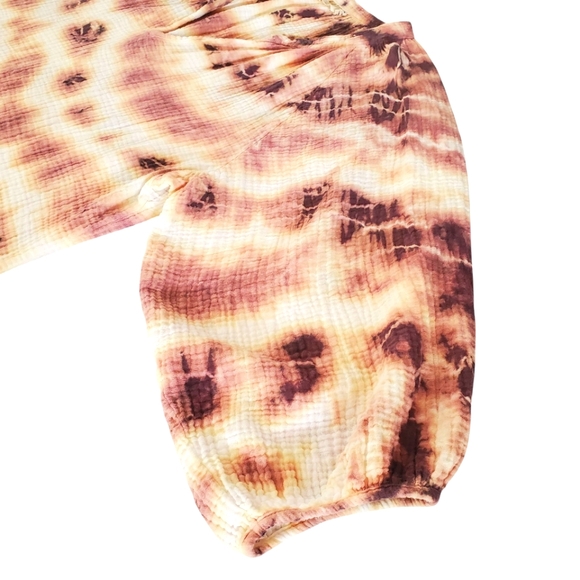 NATION LTD MiMi Romance‎ Plum/Yellow/Cream Tie Dye Gauzy Peasent Sleeve Blouse L - Picture 5 of 15